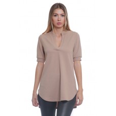 BO2-RO2-9069 TAN V-NECK SHORT SLEEVE HI LOW TUNIC TOP  1-2-1