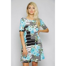 R9D-VC3500-ES BLK AND WHITE TEAL FLOWERS Midi Dress 2,2,2