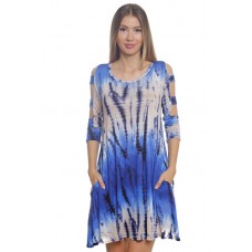 R10C-VC3514-SLUB BLUE BEIGE TIE DYE 3/4 SLEEVE CUT OFF SHOULDER DRESS 2,2,2