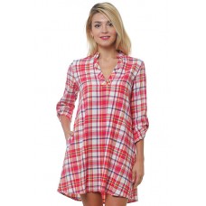 R2F-VC3014-4 RED CREAM PLAID 3/4 SLEEVE V-NECK TUNIC DRESS 2,2,2