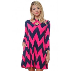 R10B-VC33800 NAVY BLUE FUSHIA LONG SLEEVE CHEVRON CRISS CROSS HALTER DRESS 2,2,2