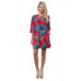 R10E-VC36144 TEAL RED PRINT FLOWERS LOOSE SLEEVE CRISS CROSS V-NECK TUNIC DRESS 2,2,2